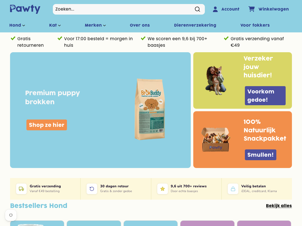 Screenshot van de Pawty-webshop