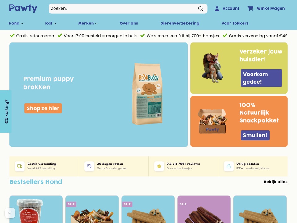 Screenshot van de Pawty-webshop